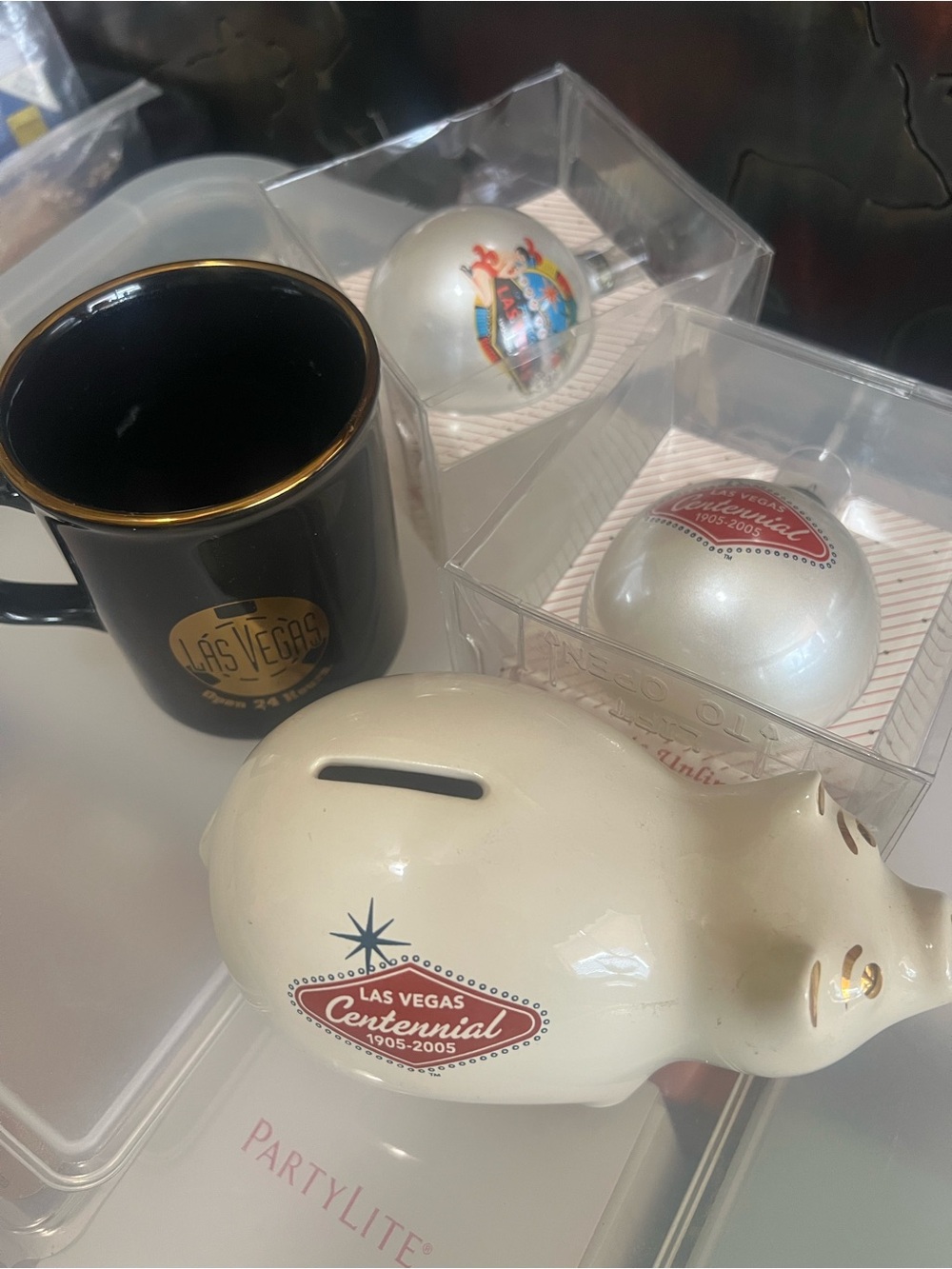 Las Vegas Centennial Piggy Bank, Mug and ornaments bundle